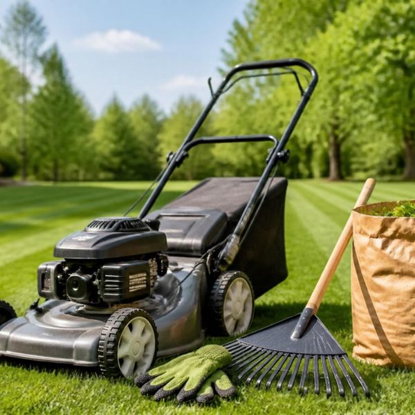 Illustrative: lawn mower, rake, gloves, and leaf bag on a mowed lawn